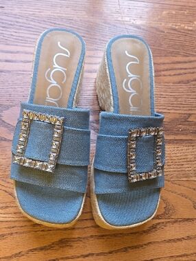 Blue Denim Espadrille Wedge Slide Shoes Y2K, Vintage Sugar NEW 8.5
